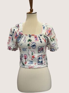 Monteau White Smocked Crop Top with Multicolor Tropical Print #298